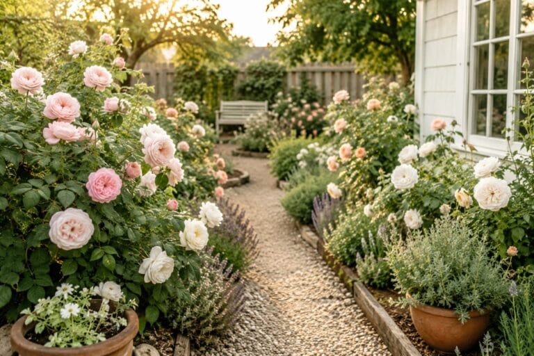 Beautiful backyard rose garden with soft pink and white roses, gravel pathway, and cottage-style greenery.