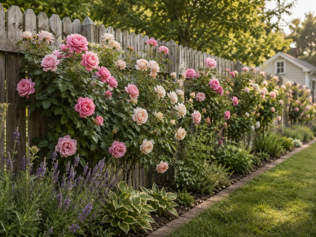 Pink and cream roses growing along a wooden backyard fence with lavender and green border plants.