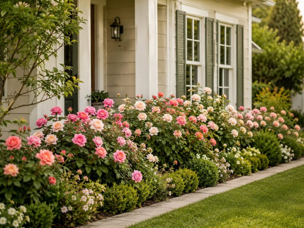 Front yard rose border with pink and cream roses planted along a clean home garden edge.
