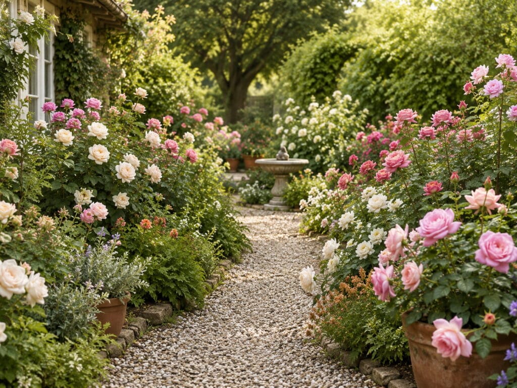Rose garden with a simple gravel pathway lined by pink, blush, and white roses.