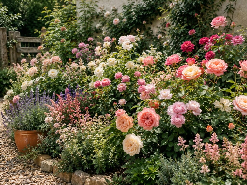 Mixed rose garden with pink, cream, blush, and colorful roses surrounded by herbs and cottage flowers.