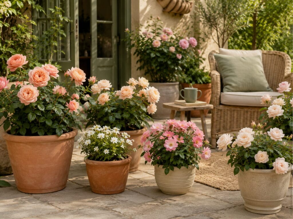 Patio rose garden with potted blush and cream roses, terracotta planters, and cozy outdoor seating.