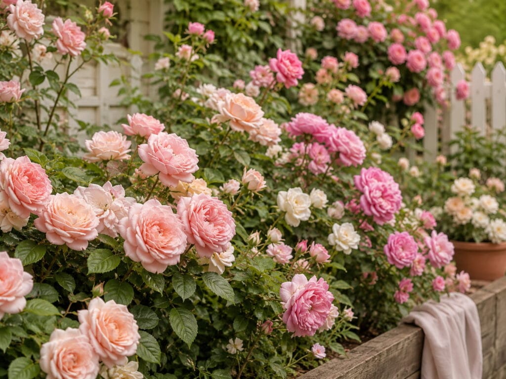 Close-up garden bed with pink and blush roses growing beside natural wood edging and cottage greenery.