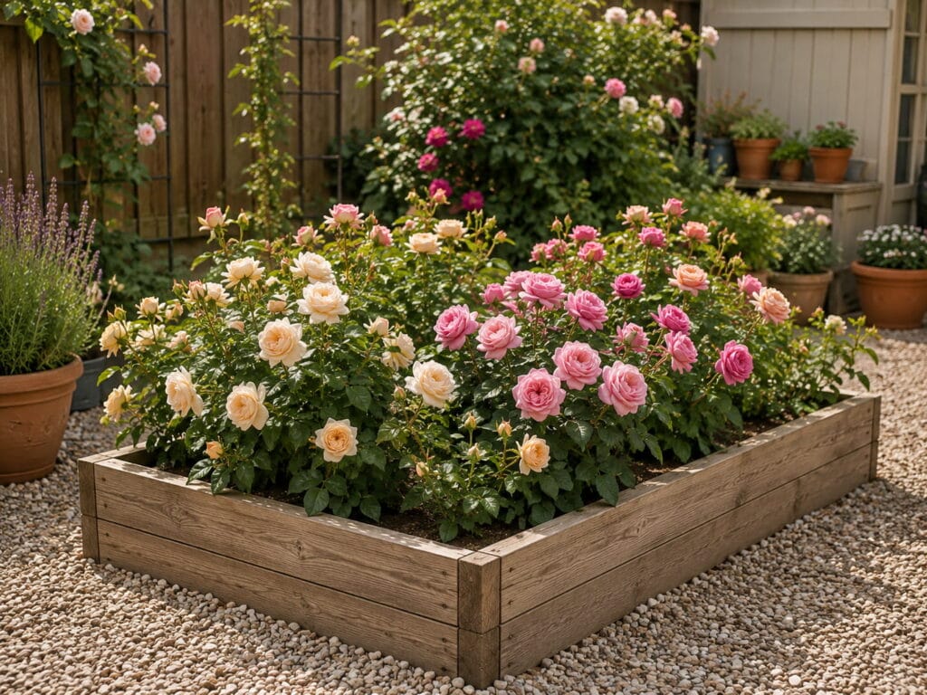 Raised garden bed filled with pink, cream, and blush roses in a clean backyard garden.