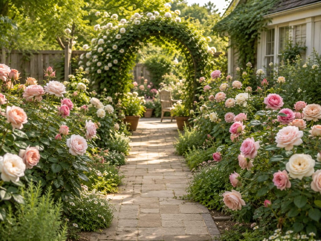 Romantic rose garden pathway with pink and cream roses growing along a simple backyard walkway.