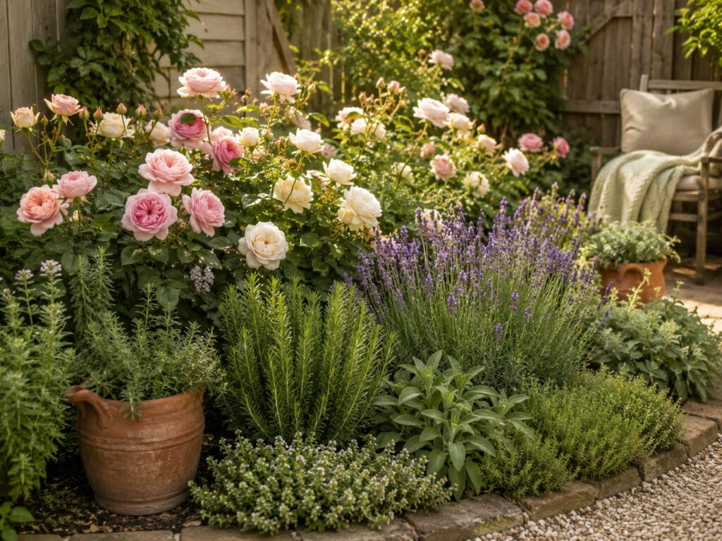 Rose and herb garden with blush roses, lavender, rosemary, sage green foliage, and terracotta accents.