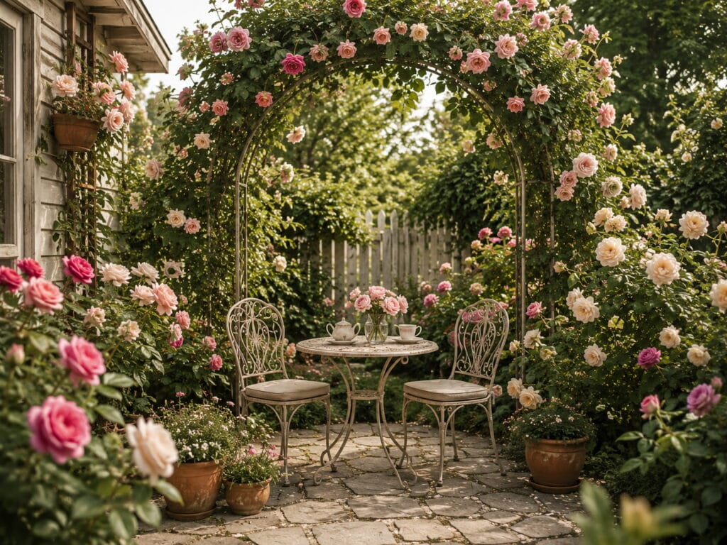 Cozy rose garden seating area with a small table, chairs, climbing roses, and romantic backyard greenery.