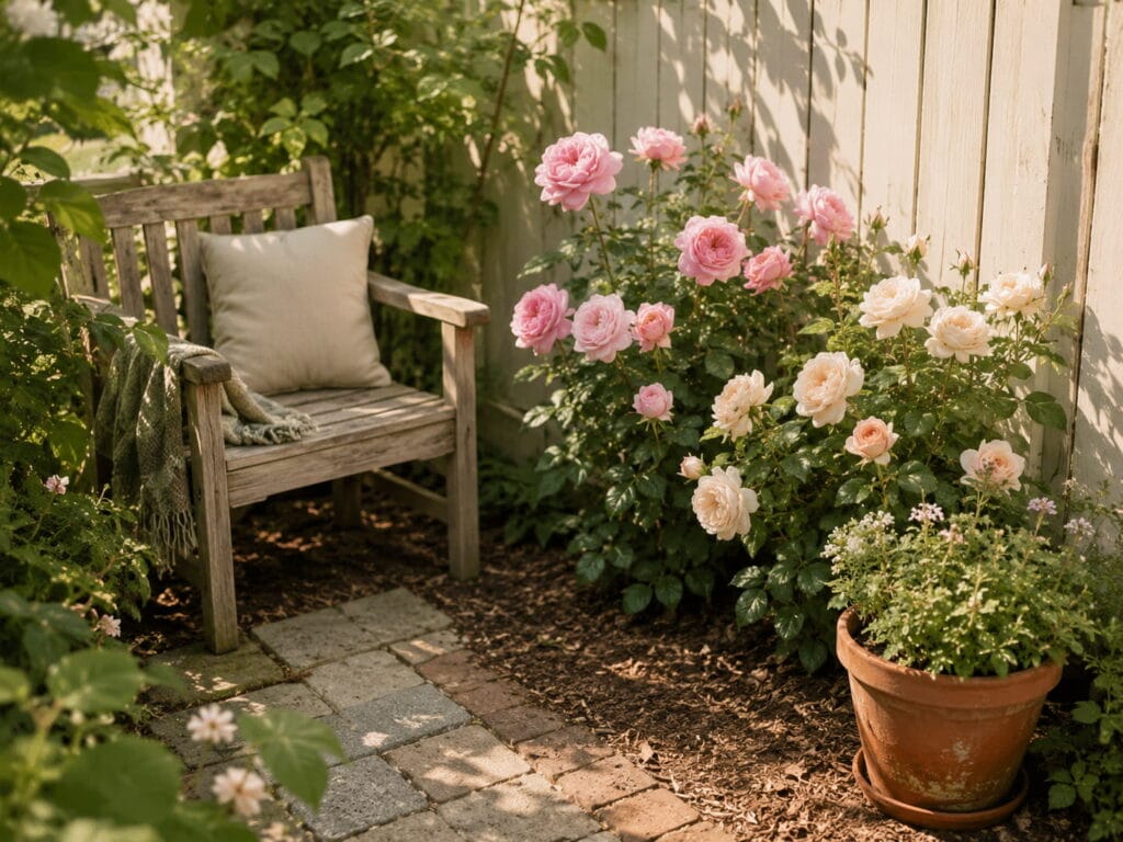 Small sunny rose garden corner with blush roses, herbs, mulch, terracotta pot, and wooden chair.