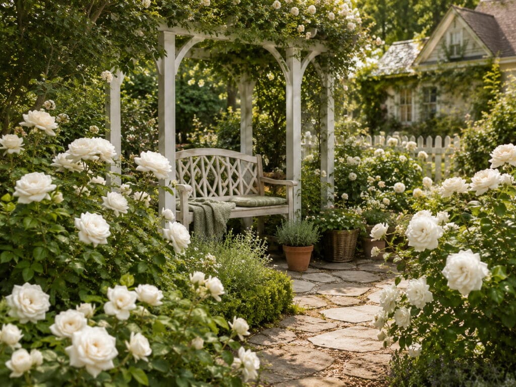 Elegant white rose garden with cream flowers, soft green foliage, and a peaceful backyard seating area.