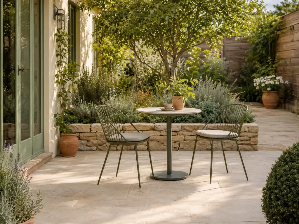 Round bistro table with slim open-backed chairs and clear circulation space in a small garden.