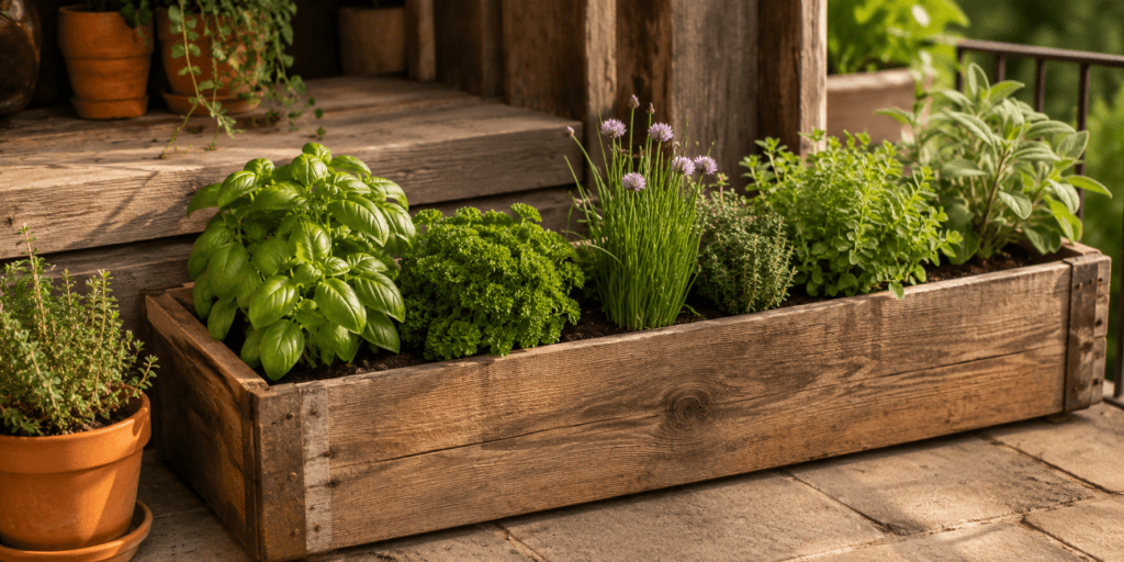 Rustic wooden box herb garden ideas showing basil, parsley, chives, thyme, oregano, and sage growing together in a natural wooden planter box with warm sunlight.