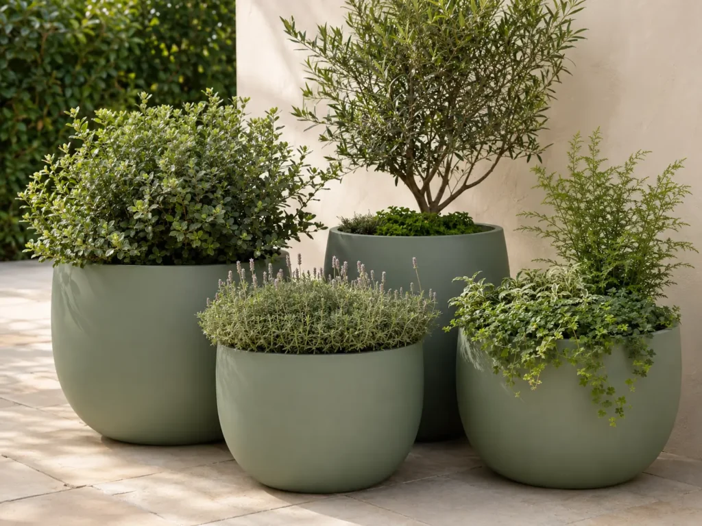 Four matching sage-green planters grouped together with varied plant heights and textures.