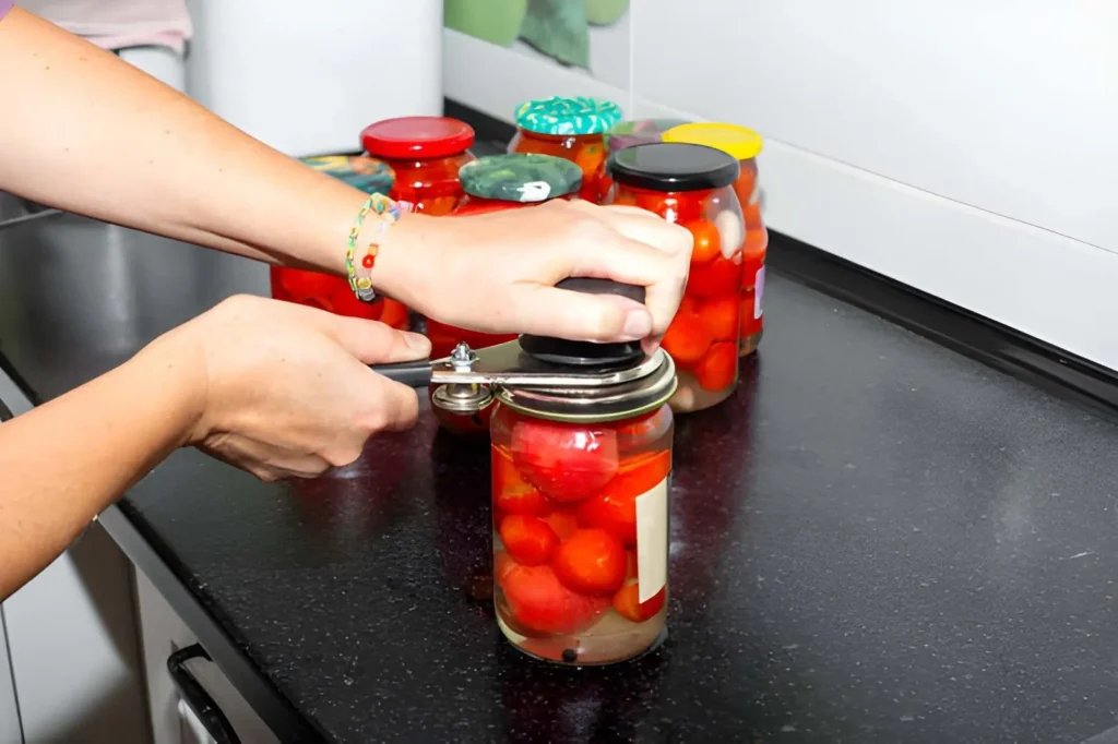 Hands using a manual jar-sealing tool to secure the lid on a glass jar of preserved tomatoes, with additional filled jars on a kitchen counter.