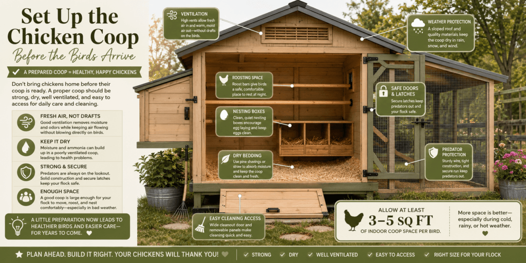 Chicken coop setup infographic showing a beginner-friendly backyard coop with predator protection, weather protection, ventilation, roosting bars, nesting boxes, dry bedding, safe doors and latches, easy cleaning access, and 3 to 5 square feet of indoor coop space per bird.