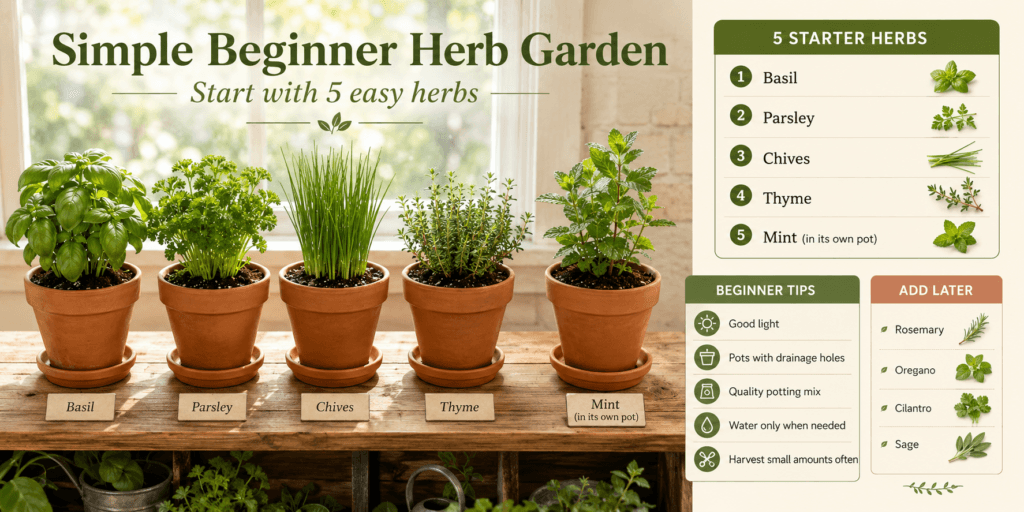 Simple beginner herb garden infographic showing basil, parsley, chives, thyme, and mint in terracotta pots with beginner tips for light, drainage, potting mix, watering, and harvesting.
