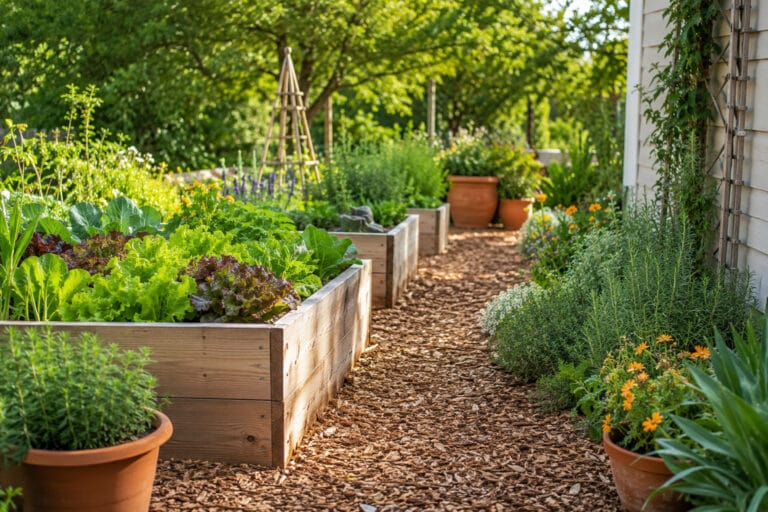 Budget-friendly garden pathway made with mulch leading between raised beds and backyard plants.