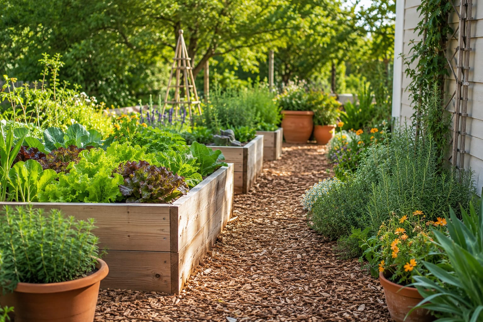Budget-friendly garden pathway made with mulch leading between raised beds and backyard plants.