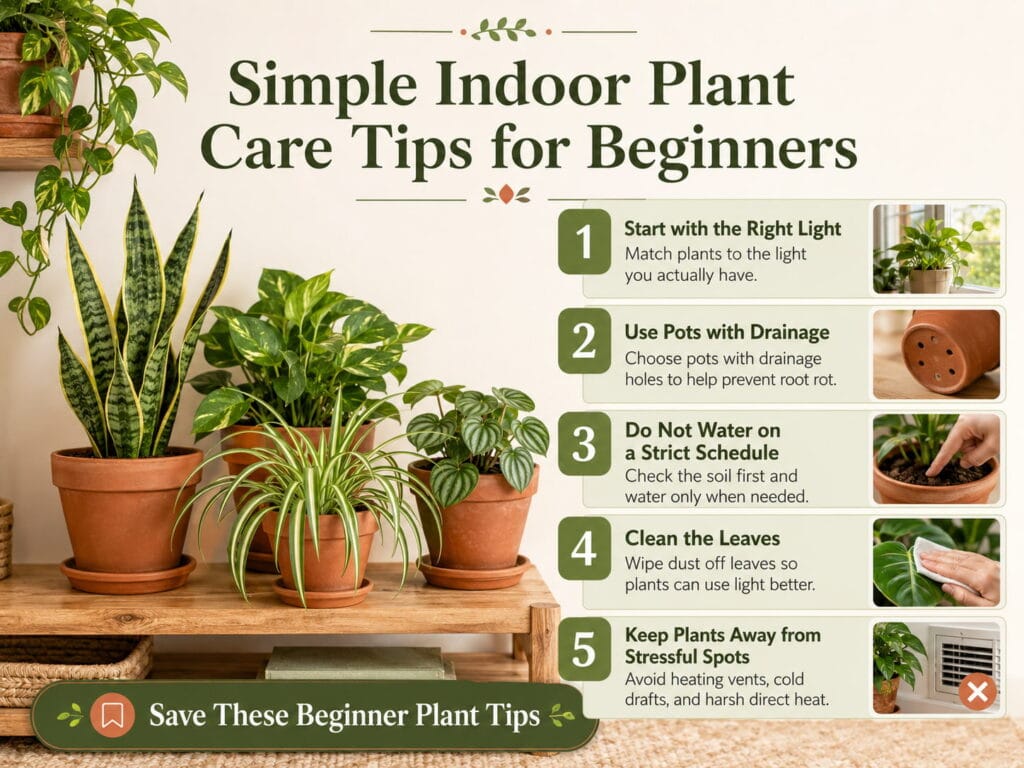 Infographic showing simple indoor plant care tips for beginners including light, drainage, watering, leaf cleaning, and plant placement.