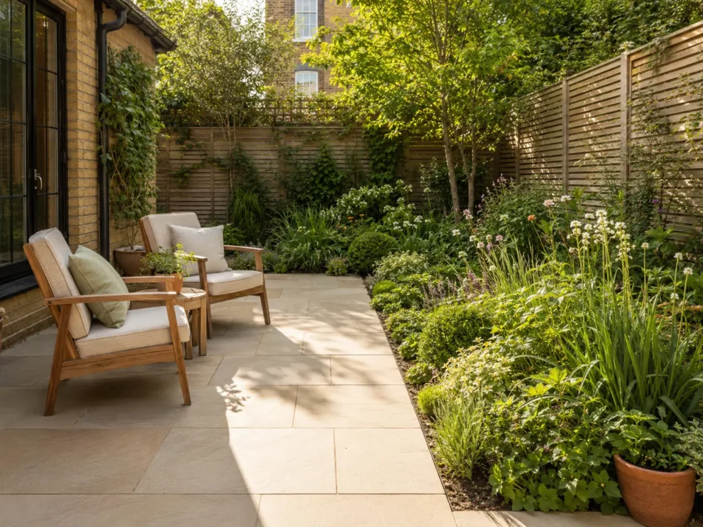 Simple small garden layout with a rectangular stone patio and one continuous planting border.