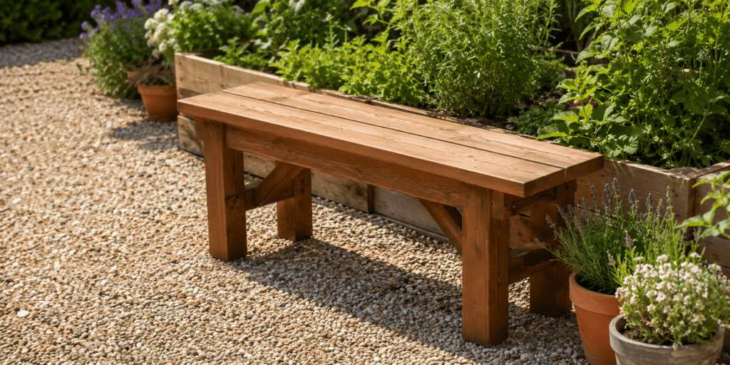 Simple wooden plank garden bench with sturdy legs and support braces beside raised garden beds, gravel, herbs, and flowers.