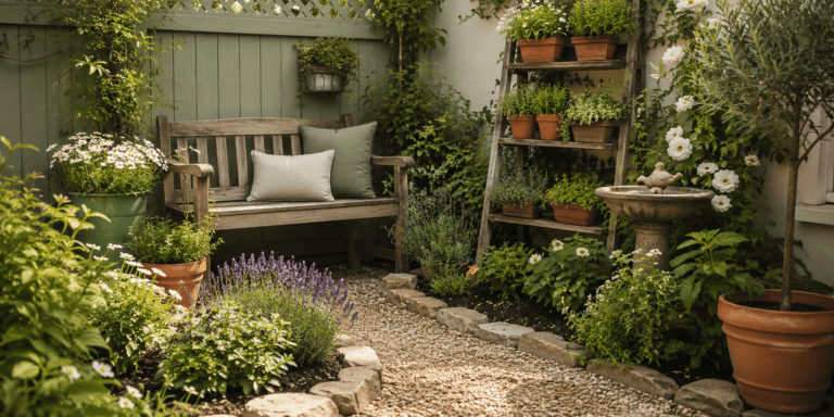 Small garden design tips with a cozy bench, vertical plant shelf, terracotta pots, herbs, flowers, gravel path, and natural stone edging.