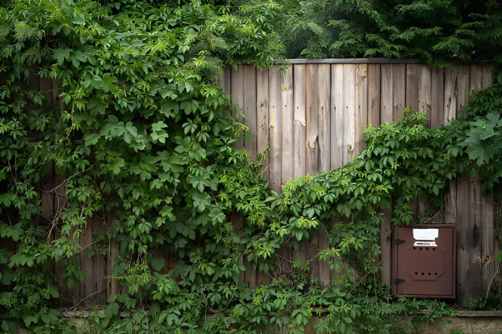 Small garden design using lush climbing plants to add vertical greenery along a wooden fence.