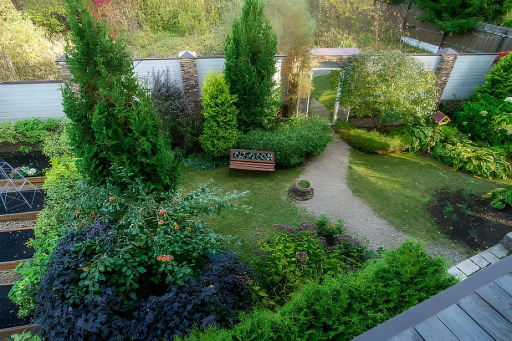 Small garden design with a curved gravel pathway, layered greenery, planting beds, and a wooden bench.