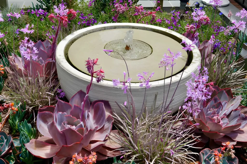Small garden design with a round water feature surrounded by colorful flowers, ornamental grasses, and large succulents.