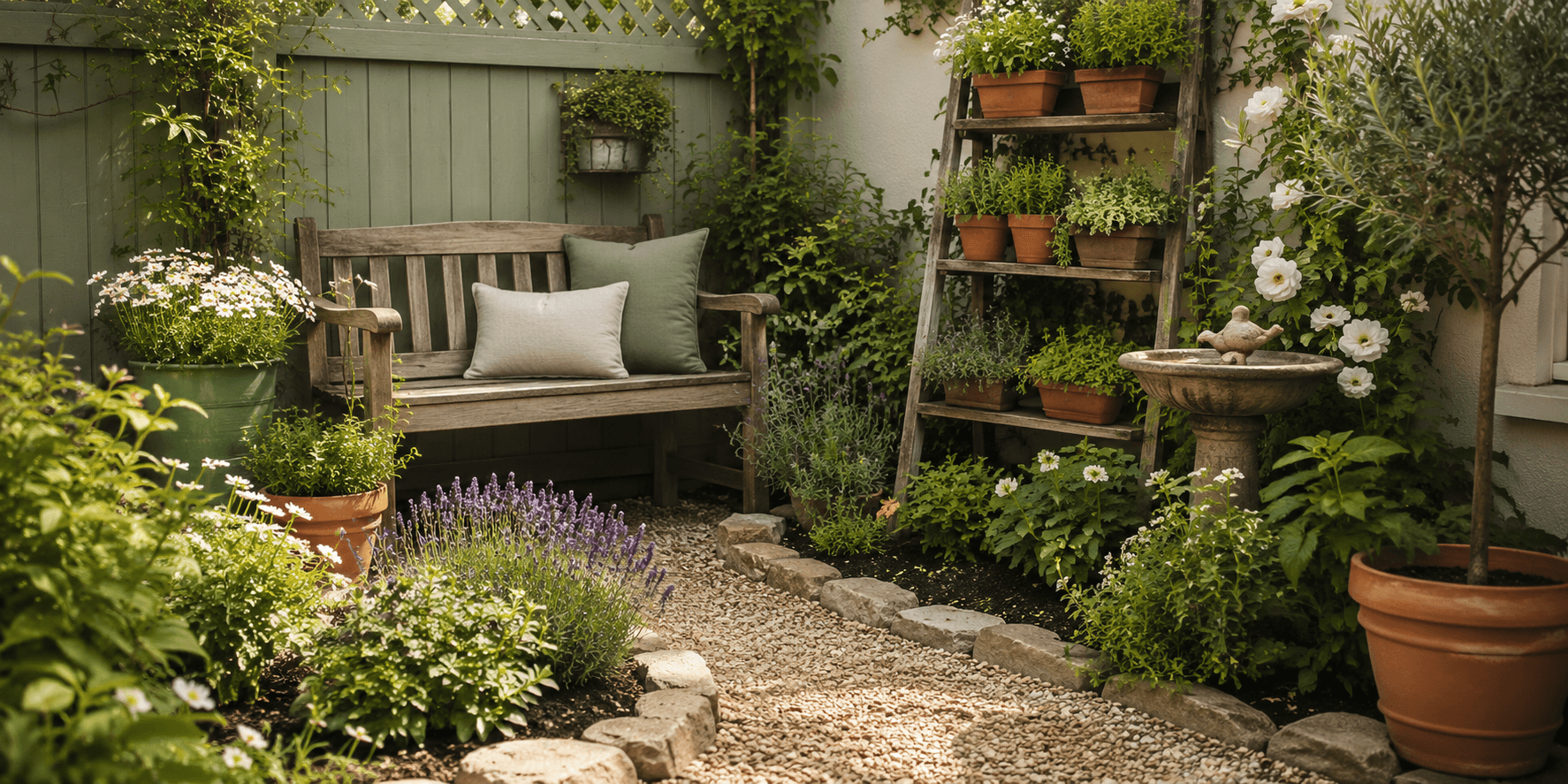 Small garden design tips with a cozy bench, vertical plant shelf, terracotta pots, herbs, flowers, gravel path, and natural stone edging.