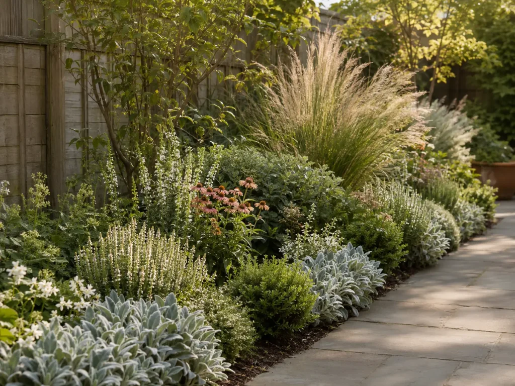 Small garden border layered with low edging plants, medium perennials, and tall grasses at the back.