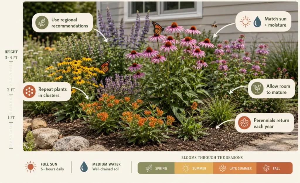 Realistic native pollinator garden bed with purple coneflowers, black-eyed Susans, native flowering plants, butterflies, bees, stone edging, and visual tips for choosing plants, spacing clusters, matching site conditions, and planning seasonal color.