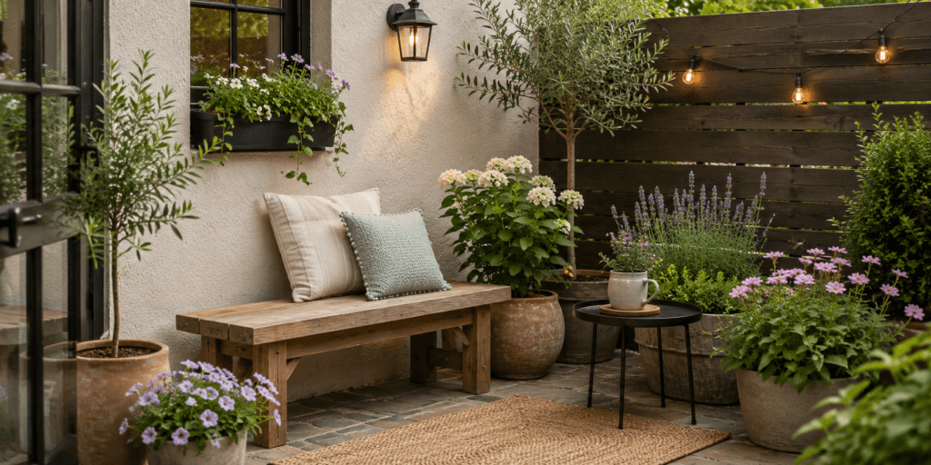 Small patio bench ideas showing a narrow rustic wooden bench with cushions, potted flowers, lavender, a small side table, string lights, and cozy courtyard decor.