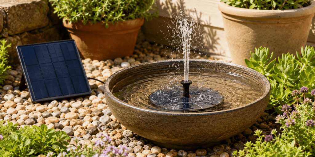 Solar fountain for a small garden with a solar panel, bubbling water, pebbles, and surrounding plants.