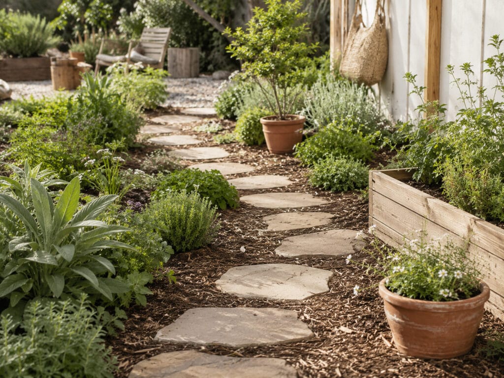 Budget stepping stone pathway through a small backyard garden with herbs and flowers.