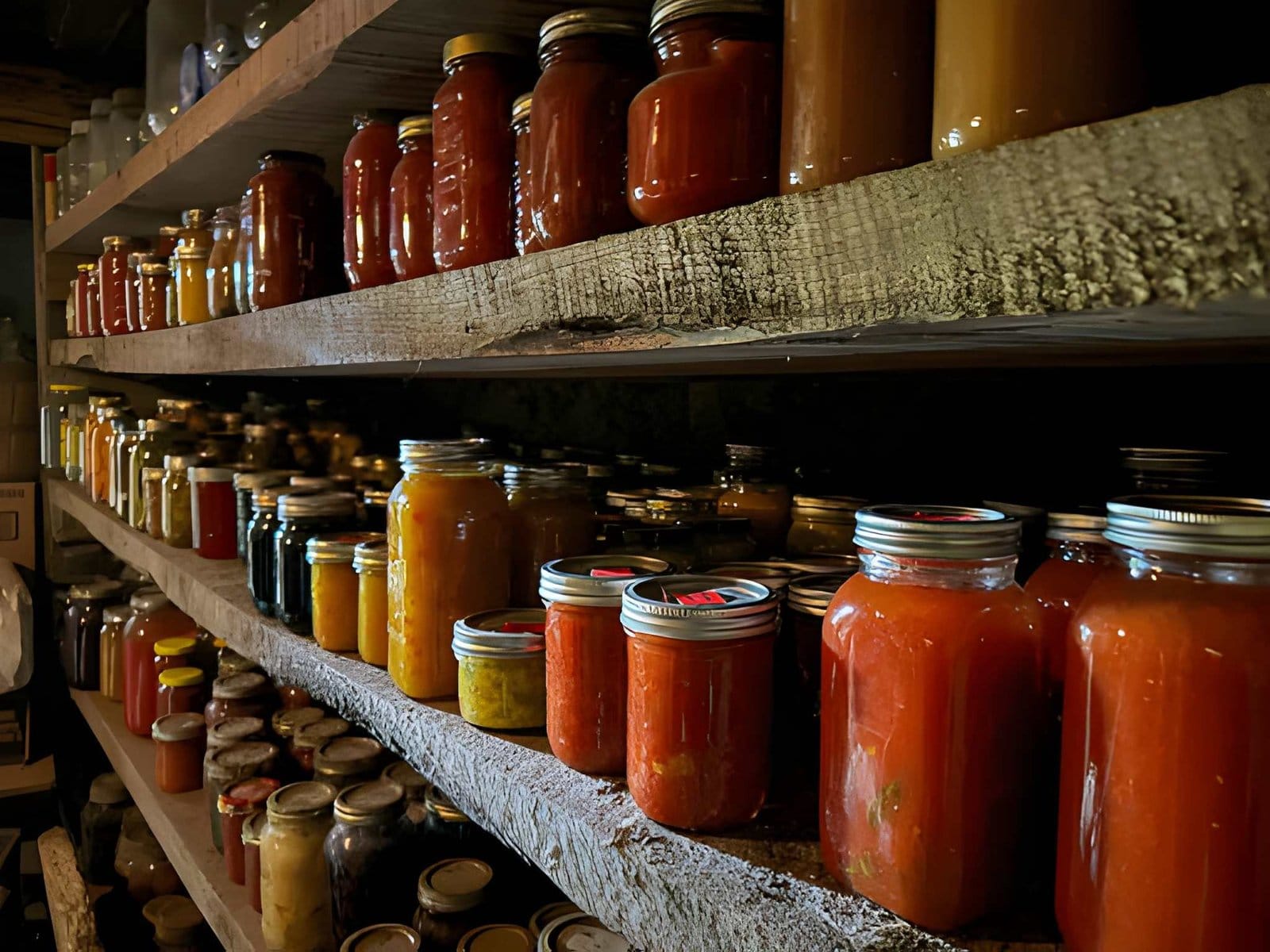 Various food preservation methods including canning jars and dehydrated foods.