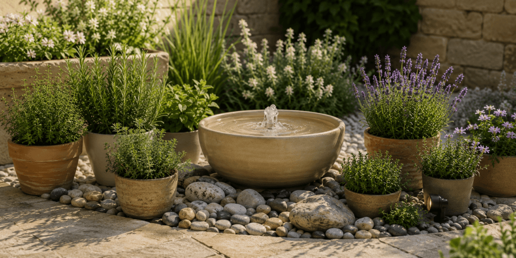 Styled DIY small fountain in a garden corner with bubbling water, potted herbs, lavender, stones, and flowers.
