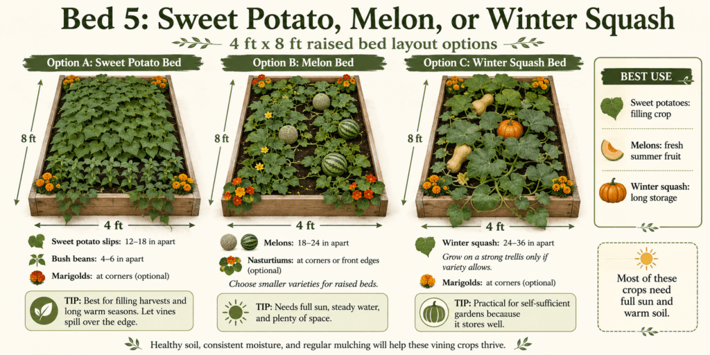 Sweet potato, melon, or winter squash raised bed layout infographic showing three 4x8 raised bed options with sweet potatoes, melons, or winter squash, plus optional bush beans, marigolds, nasturtiums, plant spacing, and warm-season growing tips.