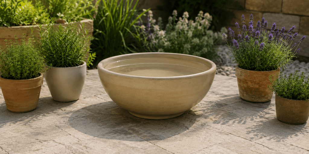 Testing a ceramic bowl fountain container for leaks by filling it with water before adding the pump and stones.