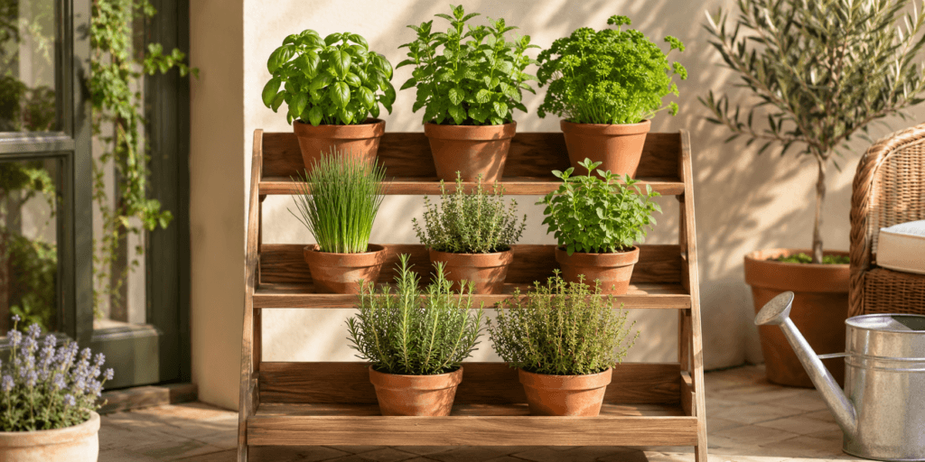 Tiered herb garden shelf ideas showing basil, mint, parsley, chives, thyme, oregano, and rosemary growing in terracotta pots on a wooden shelf in a sunny patio corner.