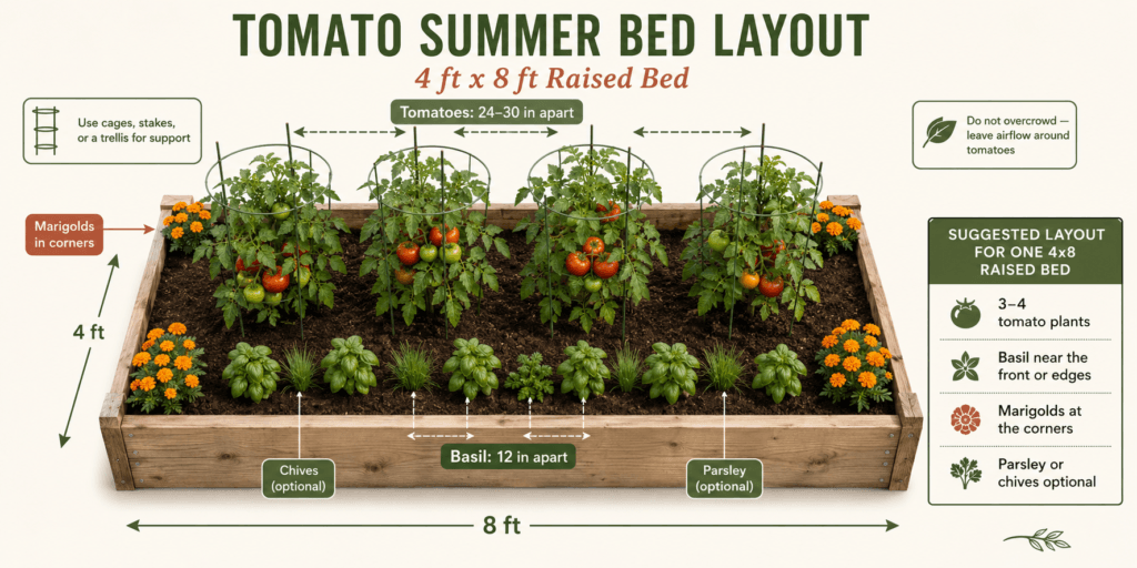 Tomato summer raised bed layout infographic showing a 4x8 raised bed with tomatoes, basil, marigolds, optional parsley and chives, plant spacing, support cages, and airflow tips.