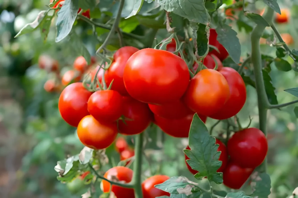 Clusters of ripe and ripening tomatoes growing on healthy supported garden plants.