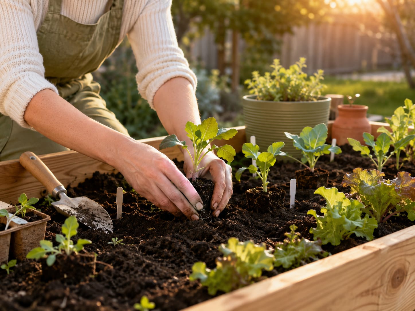 Hardened off seedlings being transplanted into a prepared raised garden bed.