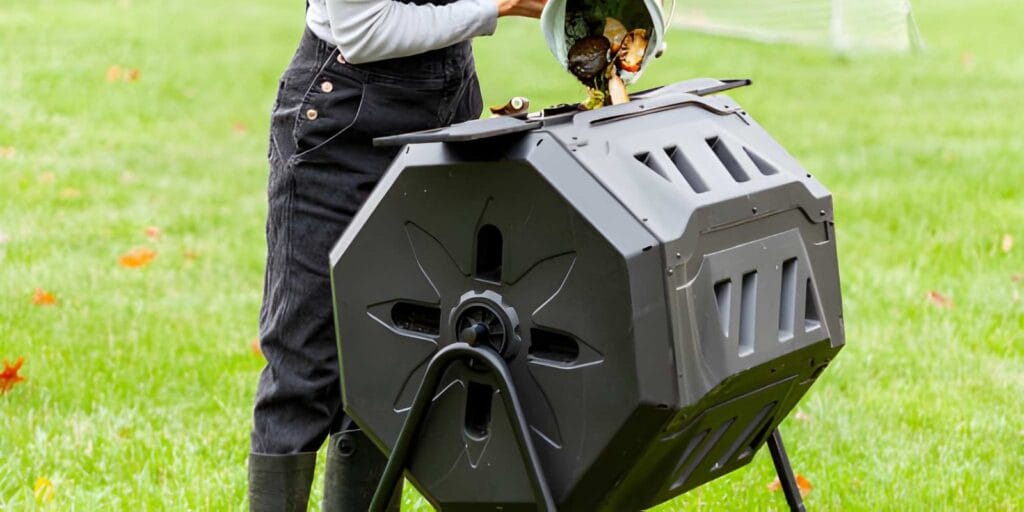 A compost tumbler is a closed container that you rotate to mix the compost.
