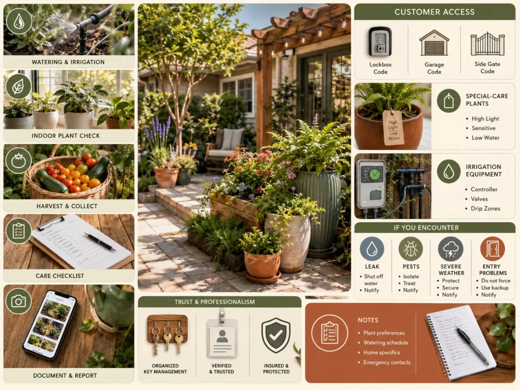Visual infographic showing a vacation garden and houseplant care service with plant watering, irrigation checks, vegetable harvesting, damaged-leaf removal, visit documentation, and secure customer access.