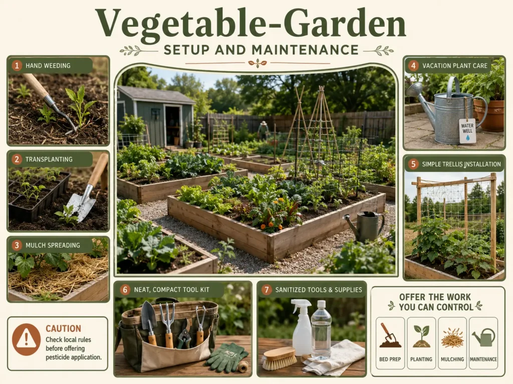 Visual infographic showing vegetable garden setup and maintenance services, including bed preparation, transplanting, mulching, watering, trellis installation, hand weeding, and basic garden tools.