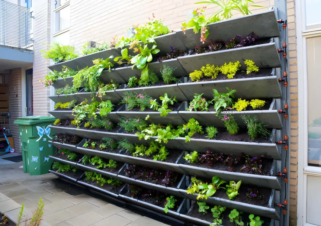 Large vertical garden system with tiered metal planters filled with herbs, leafy greens, flowers, and compact plants beside an urban building.