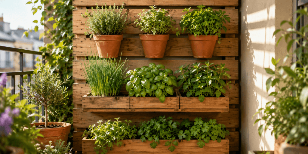 Vertical herb garden ideas showing thyme, oregano, parsley, chives, basil, mint, and cilantro growing in terracotta pots and wooden wall planters on a sunny small balcony.