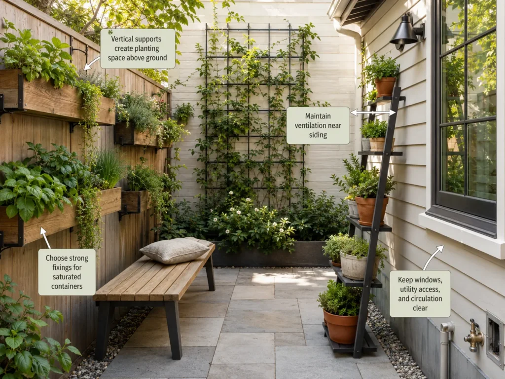Small courtyard garden with secure fence planters, climbing supports, and a ladder plant stand arranged to preserve seating space, ventilation, and access around the house.