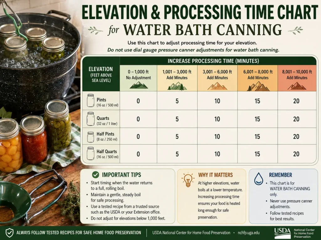 Infographic showing elevation ranges and processing-time adjustments for water-bath canning, with canning jars, a boiling-water canner, and safety reminders.