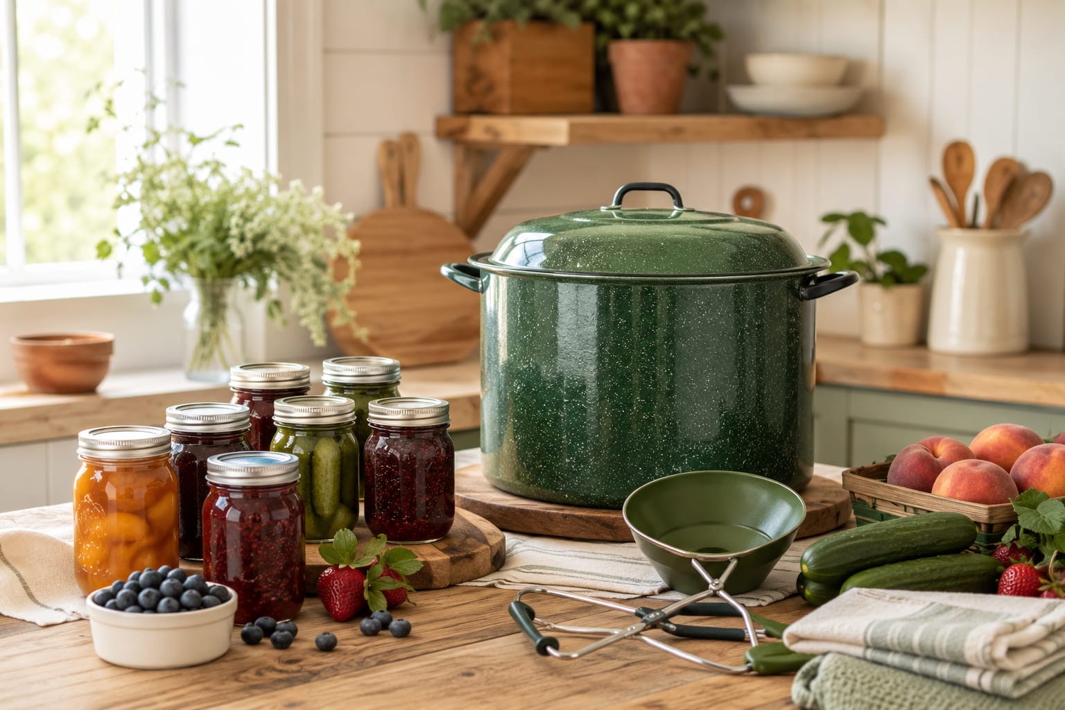 Beginner water bath canning setup with jars, fruit preserves, canning tools, and a water bath canner in a warm homesteading kitchen.
